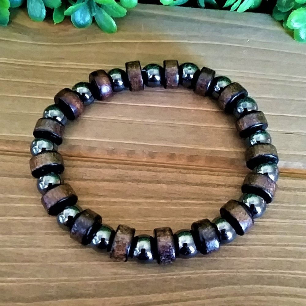 New Men's Wood & Hematite Beaded Bracelet